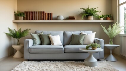 Cozy sofa and decorative vase filled with wildflowers on a coffee table within a modern living room interior