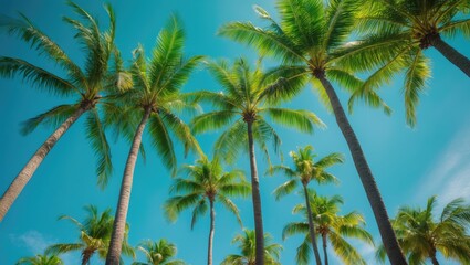 View from below of coconut trees reaching towards the sky, perfect for travel backgrounds.