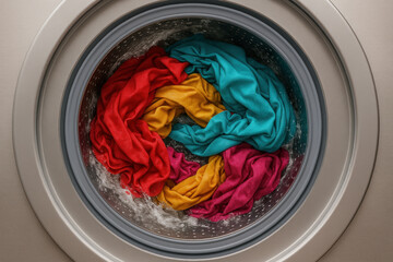 Colorful towels stuffed inside a washing machine.