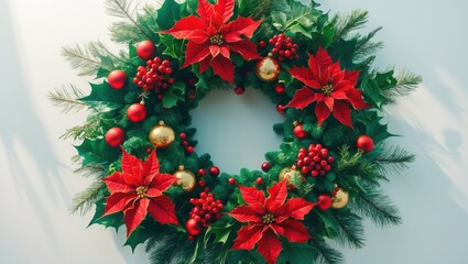Isolated Christmas Wreath Featuring Poinsettia Flowers and Golden Decorations on White Background