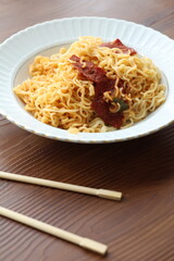 noodle with meat sauce close up