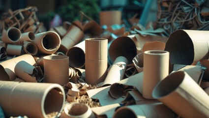 Close-up photograph of paper waste and recycled toilet paper cores on a white bathroom background, emphasizing domestic hygiene products