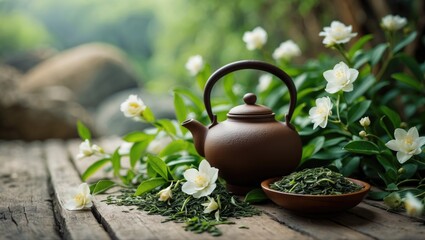 Chinese clay teapot with glass cup, green tea and jasmine blossom