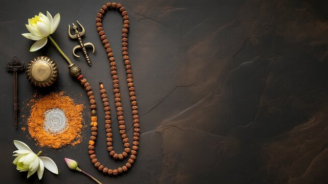 Mahadev (Lord Shiva) , HIndu Sacred objects, prayer beads, lotus flowers on dark surface