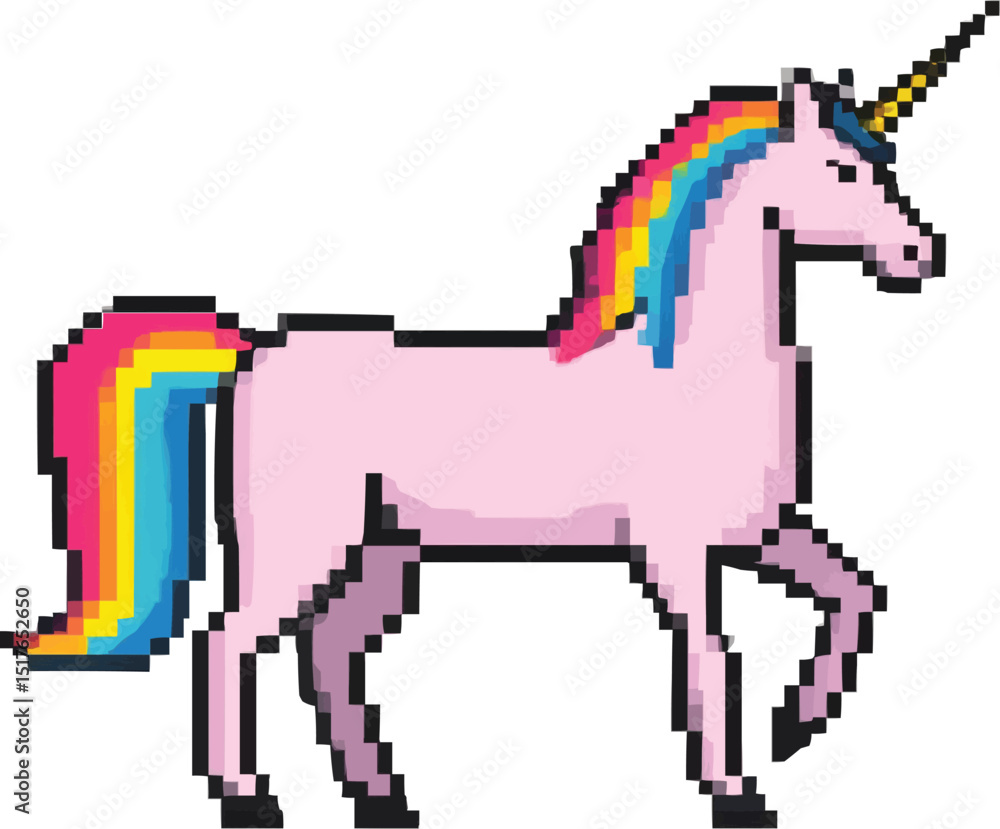 Poster pixelated pink unicorn with rainbow mane and tail on a white background in a walking position on tra