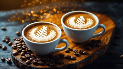 Close-up of two coffee cups with latte art and mocha on a wooden background in a square frame