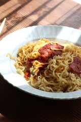 noodle with meat sauce close up