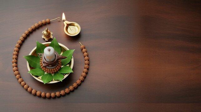 Mahadev (Lord Shiva) , HIndu Hindu Puja items on wooden surface