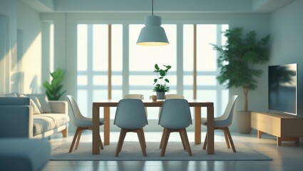 Modern dining space with a wooden table, subtle decor, and blurred background, emphasizing simplicity and cozy ambiance