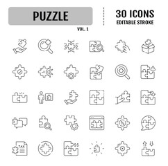 Puzzle line icon set. Editable stroke. Vector illustration