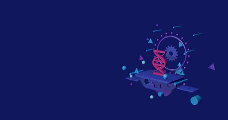 Naklejka premium Pink dna symbol on a pedestal of abstract geometric shapes floating in the air. Abstract concept art with flying shapes on the right. 3d illustration on indigo background