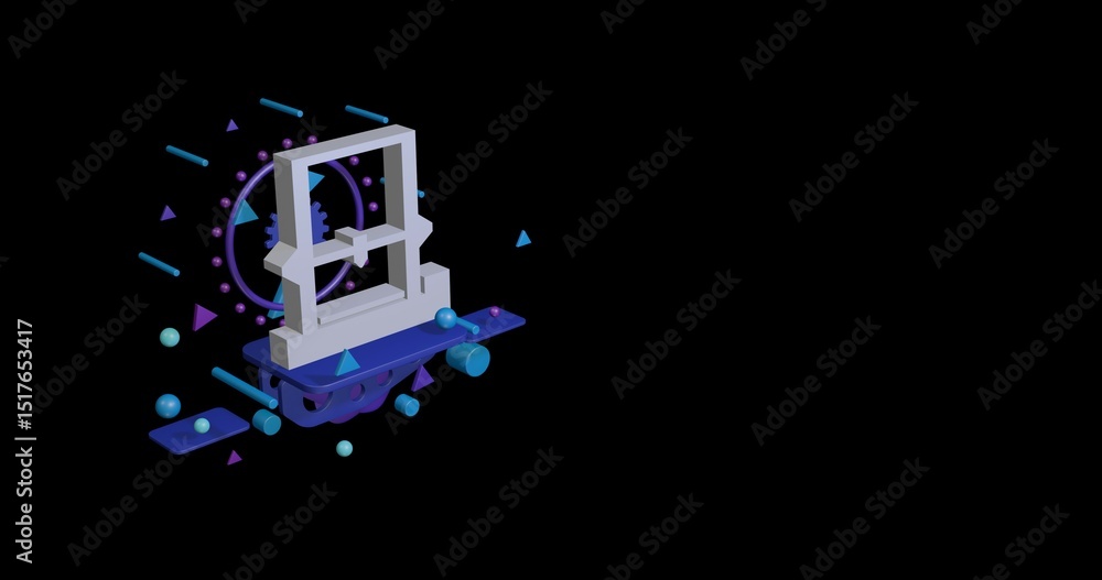 Poster white 3d printer symbol on a pedestal of abstract geometric shapes floating in the air. abstract con