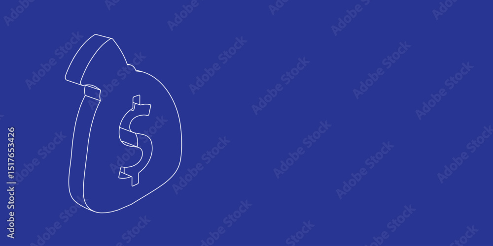 Aufkleber the outline of a large bag of money symbol made of white lines on the left. 3d view of the object in