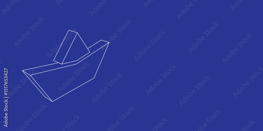 Poster the outline of a large paper boat symbol made of white lines on the left. 3d view of the object in p