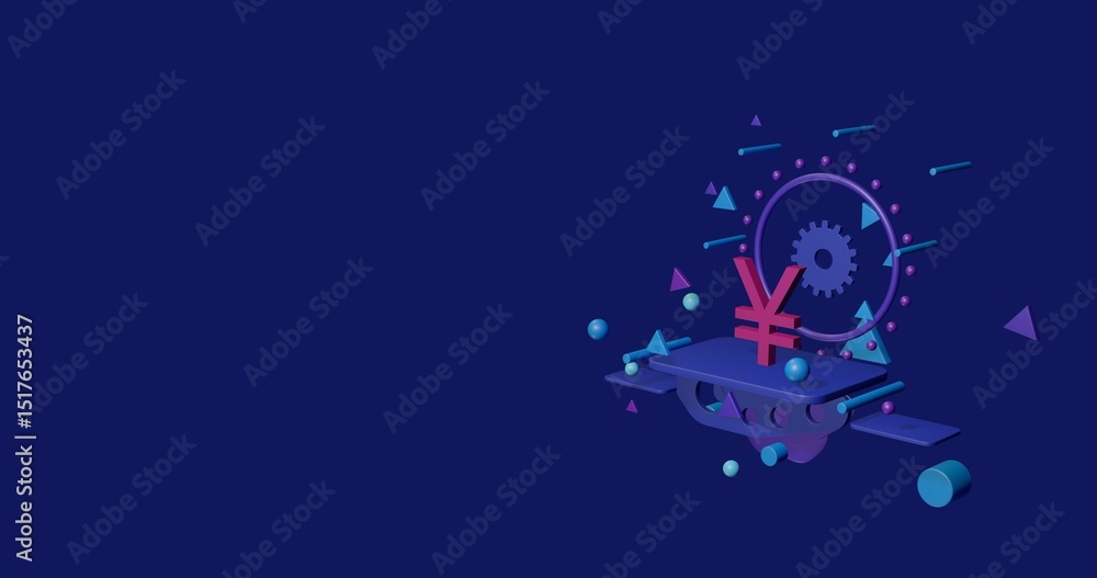 Aufkleber pink yuan symbol on a pedestal of abstract geometric shapes floating in the air. abstract concept ar