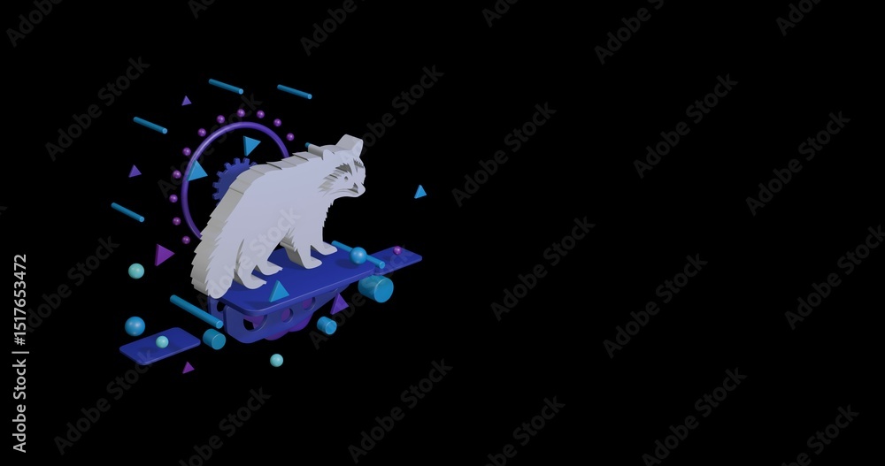 Poster white raccoon symbol on a pedestal of abstract geometric shapes floating in the air. abstract concep