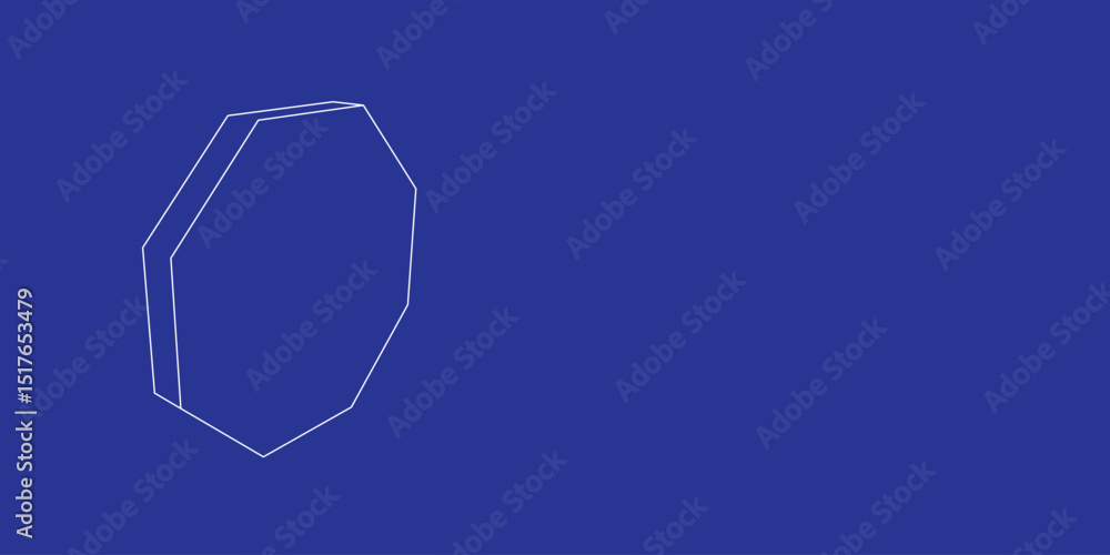 Poster the outline of a large octagon symbol made of white lines on the left. 3d view of the object in pers