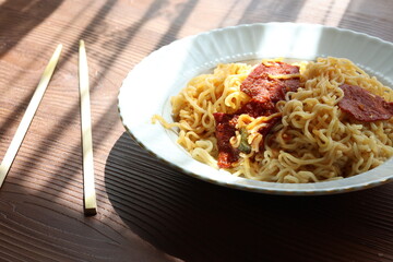 noodle with meat sauce close up