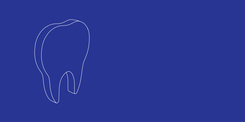 The outline of a large tooth symbol made of white lines on the left. 3D view of the object in perspective. Vector illustration on indigo background