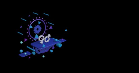 White gender symbol on a pedestal of abstract geometric shapes floating in the air. Abstract concept art with flying shapes on the left. 3d illustration on black background