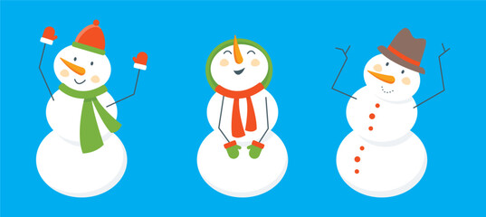 Set of snowmen with hat and gloves