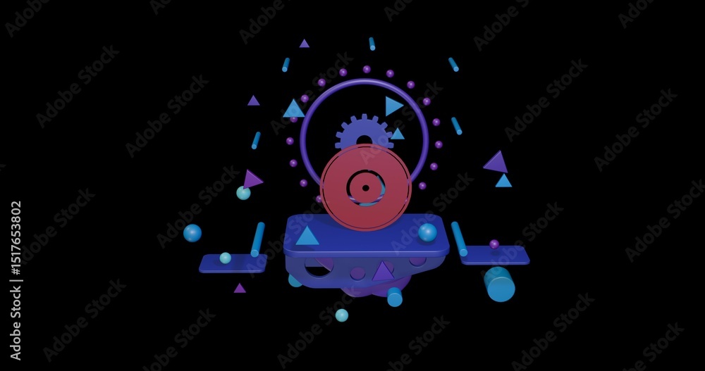 Aufkleber red gramophone record symbol on a pedestal of abstract geometric shapes floating in the air. abstrac