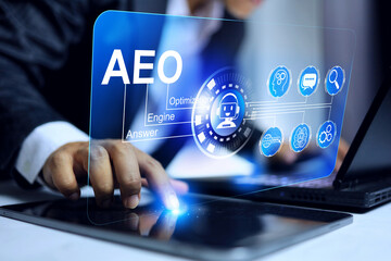 answer engine optimization AEO concept with businessman using tablet to strategy for optimizing...