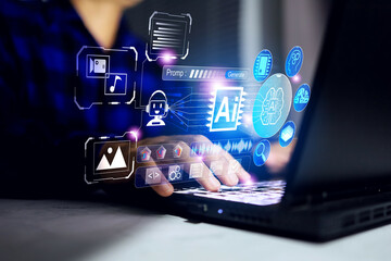 Plakat ai agents concept with businessman is using artificial intelligence agentic technology on laptop computer to help make decision marking on business and planning schedule for organization improvement