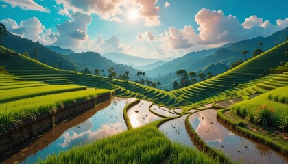 Fototapeta premium Unique background images of rice paddies and mountains, nature, plants, landscapes, banner textures advertising posters