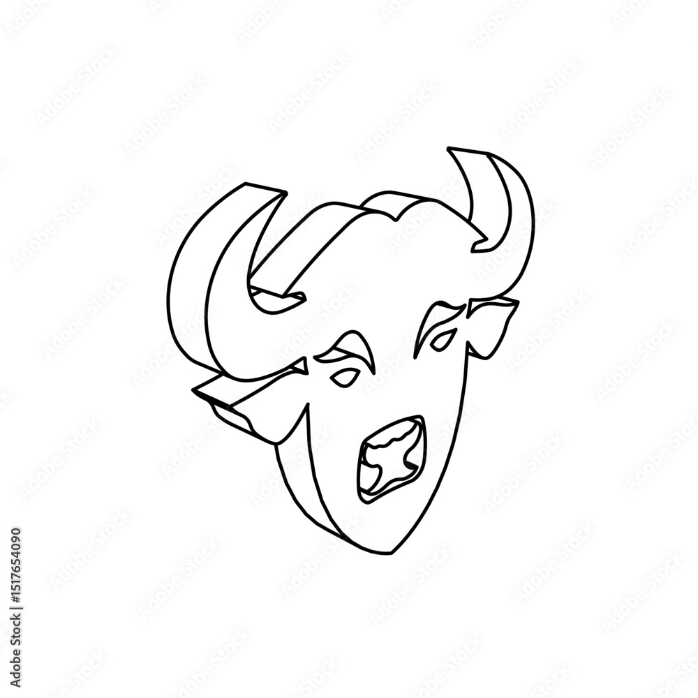 Poster the outline of a large buffalo head symbol is made with black lines. 3d view of the object in perspe
