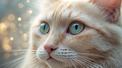 Close-up of a domestic white feline with blue eyes highlighting its soft fur and gentle expression.
