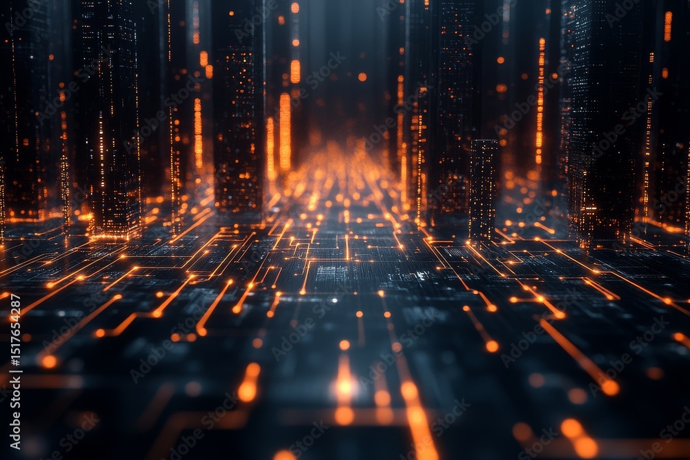 Poster abstract digital landscape with glowing circuitry and tall structures in a futuristic setting at twi