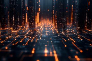 Fototapeta premium Abstract digital landscape with glowing circuitry and tall structures in a futuristic setting at twilight