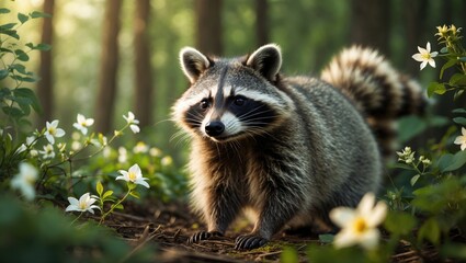 Obraz premium Close-up of a raccoon amidst vibrant foliage highlighting its curious gaze and intricate fur texture