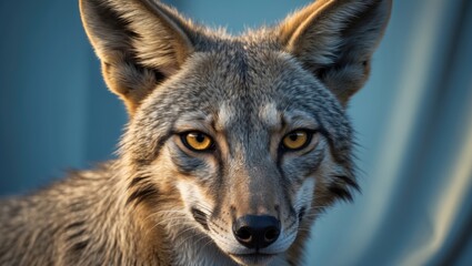 Obraz premium Close-up of a wild jackal with vivid eyes and detailed fur against a blue background, highlighting its natural habitat and predator features.