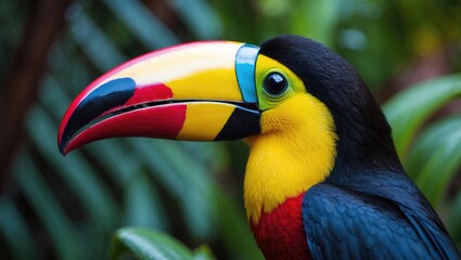Fototapeta premium Vivid white-chested toucan perched amidst the lush Peruvian Amazon rainforest
