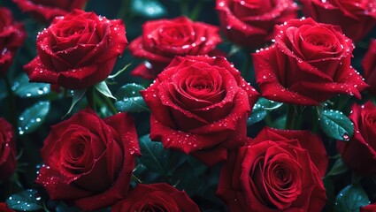 Obraz premium Close-up of red roses with water droplets on a white background