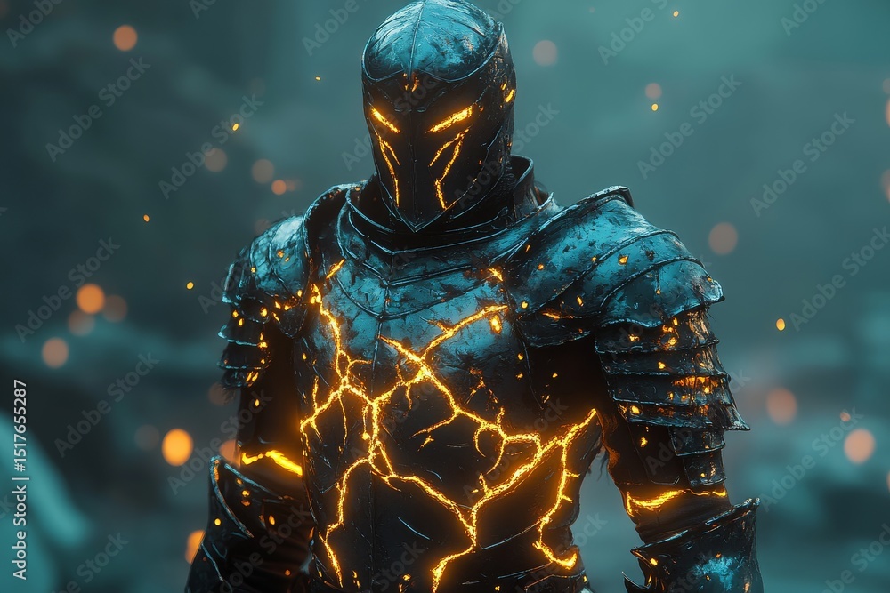 Aufkleber knight in glowing armor with crackling energy stands in a mystical forest setting during twilight ho