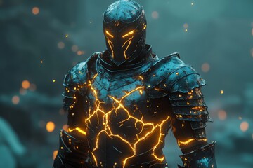 Fototapeta premium Knight in glowing armor with crackling energy stands in a mystical forest setting during twilight hours