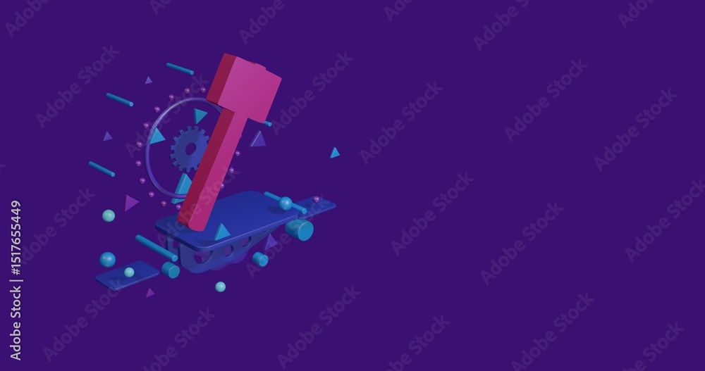 Poster pink mallet symbol on a pedestal of abstract geometric shapes floating in the air. abstract concept 