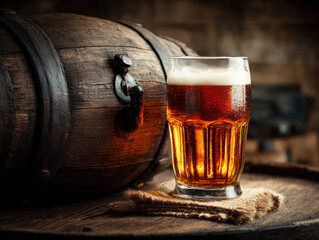 Craft beer served in a rustic glass beside a wooden barrel
