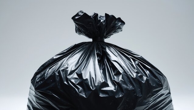 Close-up of a black plastic garbage bag on a white background