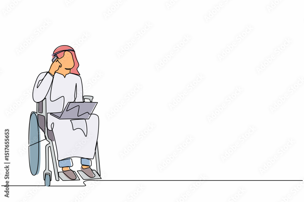 Poster single continuous line drawing arab man in wheelchair having phone conversation while working online