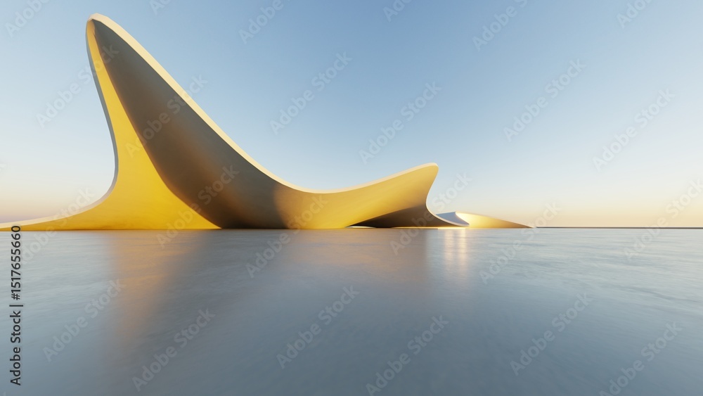 Poster Abstract white curved architecture background, Empty wavy space with reflected concrete floor, Futuristic modern interior backdrop, 3d rendering of twisted building