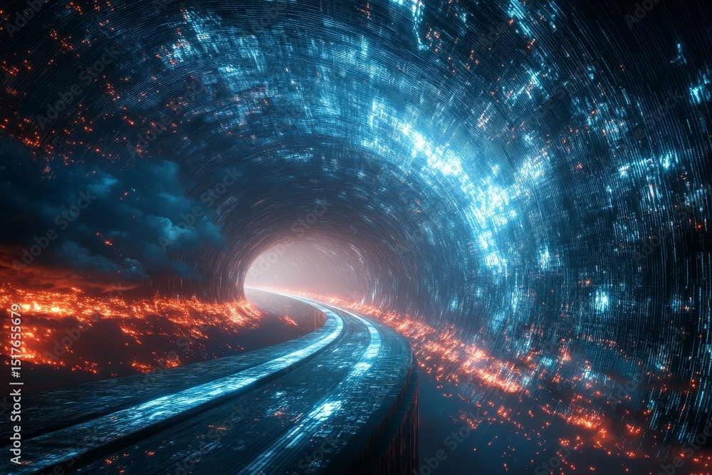 Poster colorful abstract tunnel scene illuminated by glowing light patterns with a mysterious road leading 