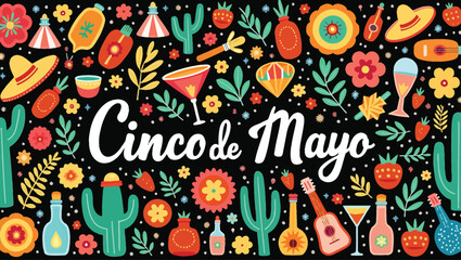 Cinco de Mayo Celebration Pattern: Colorful Mexican Icons on Black Background, Festive Design