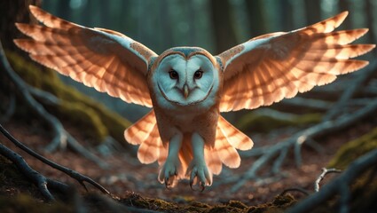 Close-up of a white barn owl in flight heading towards the camera in the wild