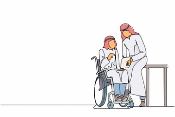 Single one line drawing Arabian businessman sitting on wheelchair presenting business graph on paper to manager. Corporate colleagues in the modern office. Continuous line draw design graphic vector
