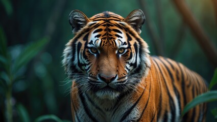Close-up image of an Indian tiger's face in the wild