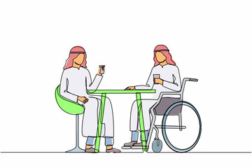 Single one line drawing two Arabic businessmen talk at business meeting. Colleagues have coffee break. Disability male drinks coffee with his friend. Continuous line design graphic vector illustration